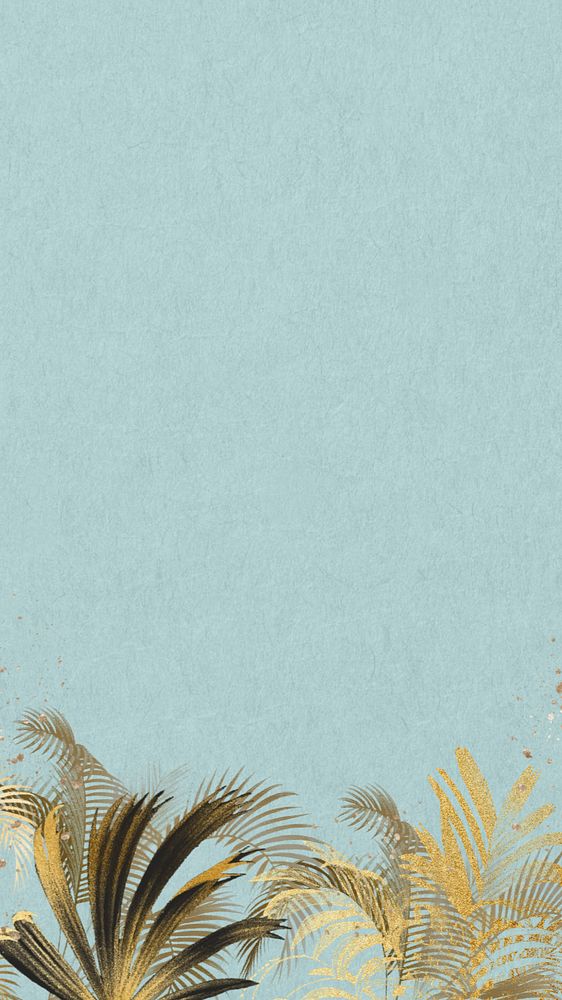 Gold palm leaf iPhone wallpaper, botanical border blue background, editable design