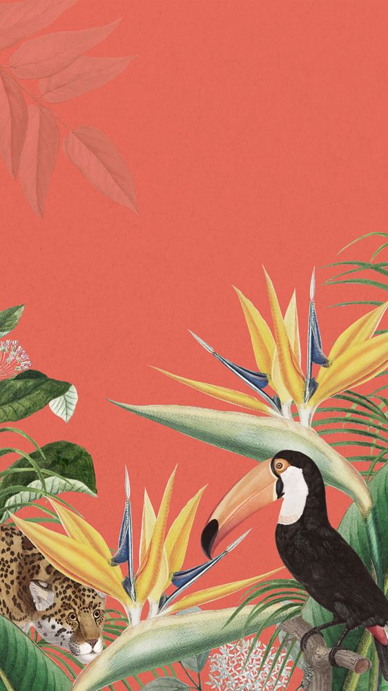 Toco toucan bird phone wallpaper, orange exotic plant border, editable design