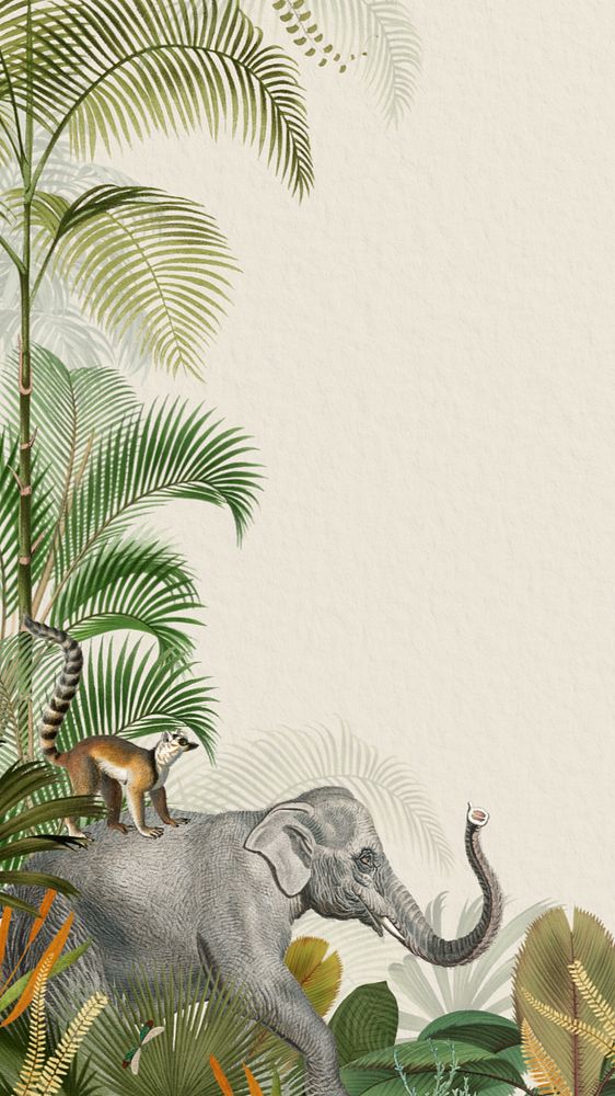 Vintage jungle elephant phone wallpaper, wild animal background, editable design