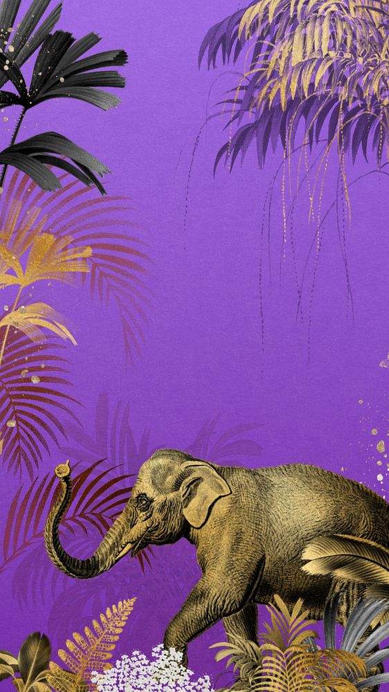 Vintage jungle elephant phone wallpaper, gold wildlife background, editable design