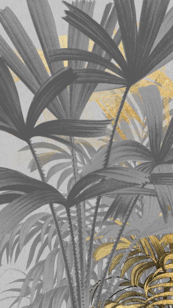 Palm trees pattern phone wallpaper, black and gold background, editable design