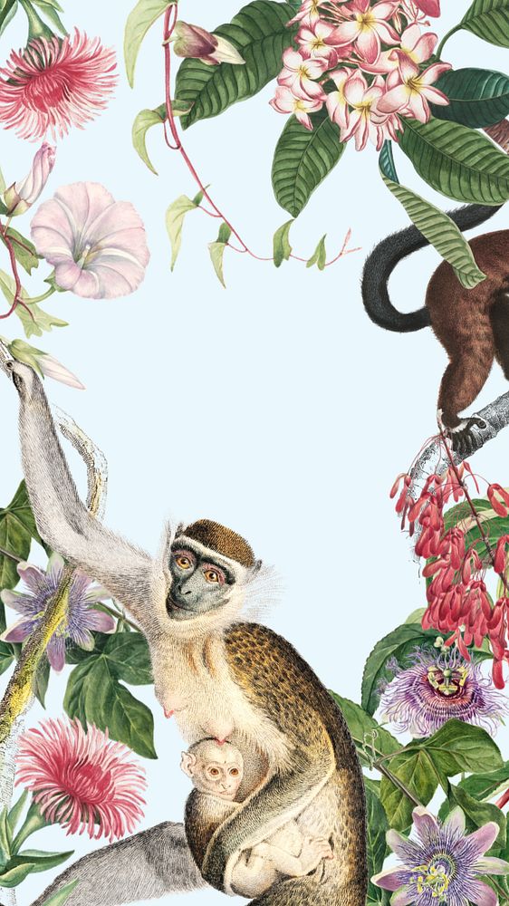 Vintage floral monkey mobile wallpaper, jungle frame background, editable design