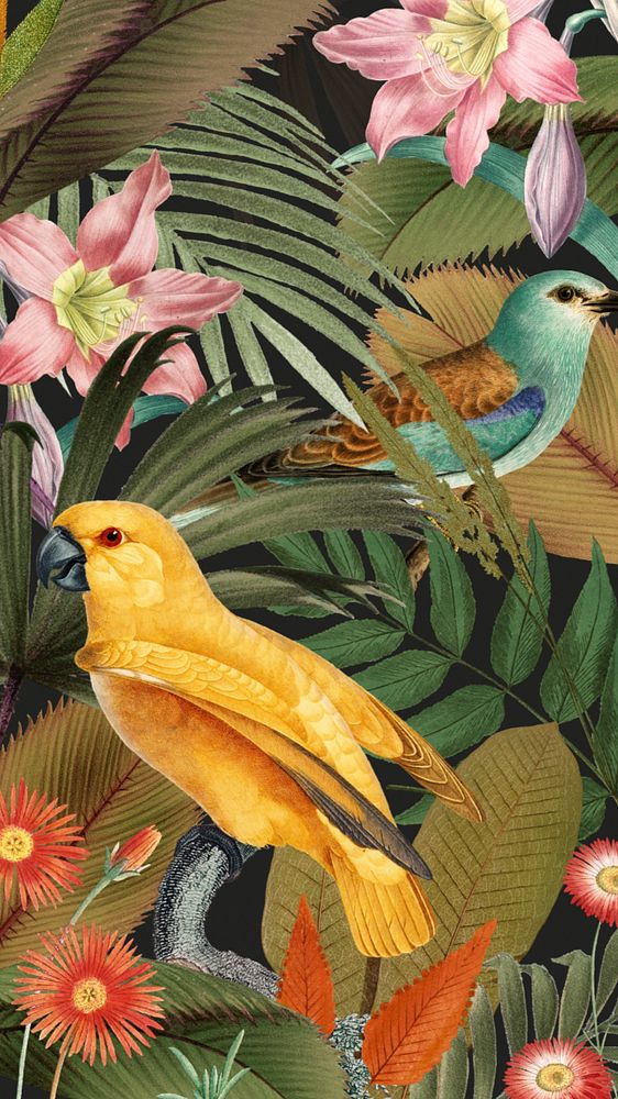 Exotic birds pattern mobile wallpaper, jungle illustration, editable design