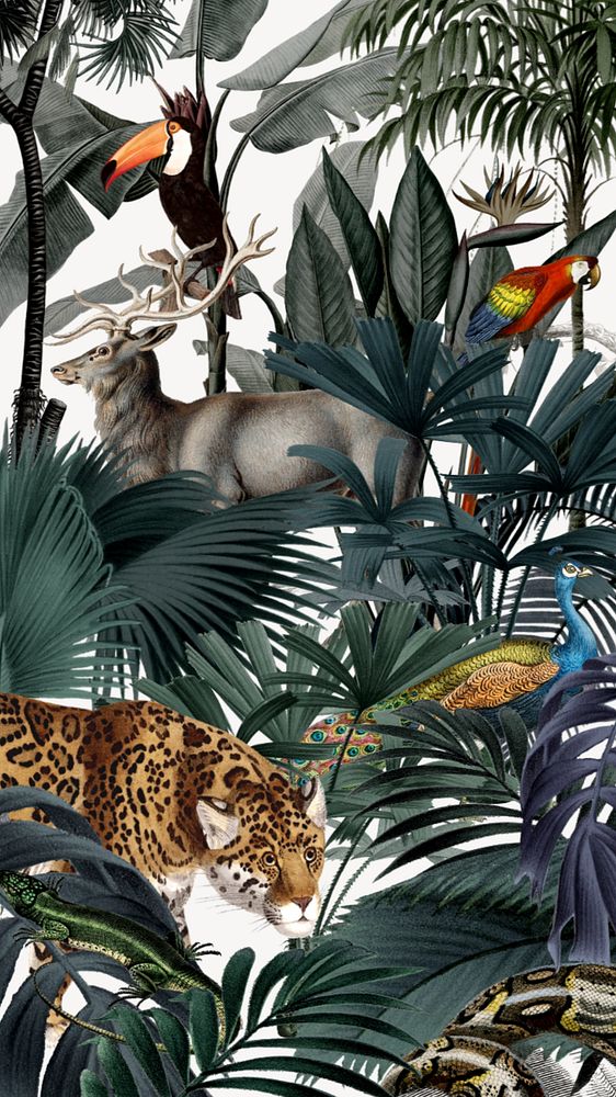 Vintage wildlife pattern mobile wallpaper, jungle animal illustration, editable design