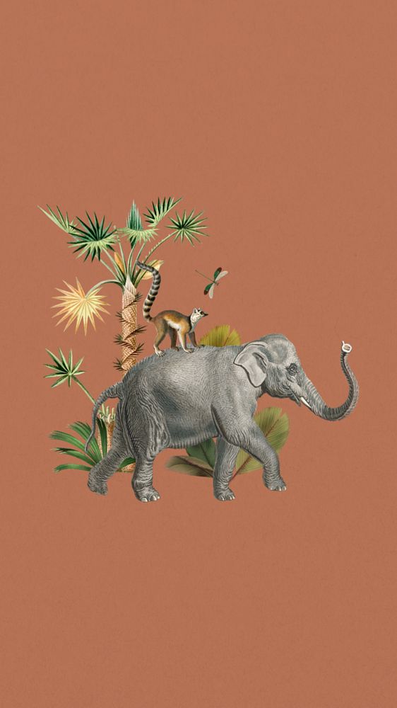 Vintage wildlife elephant mobile wallpaper, editable design