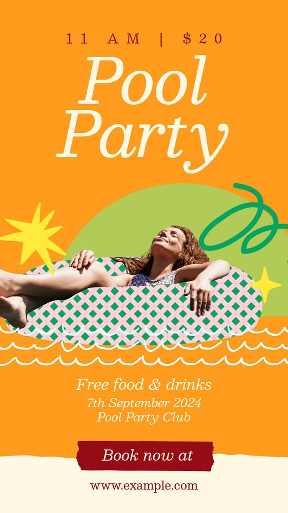 Pool party Facebook story template, editable text