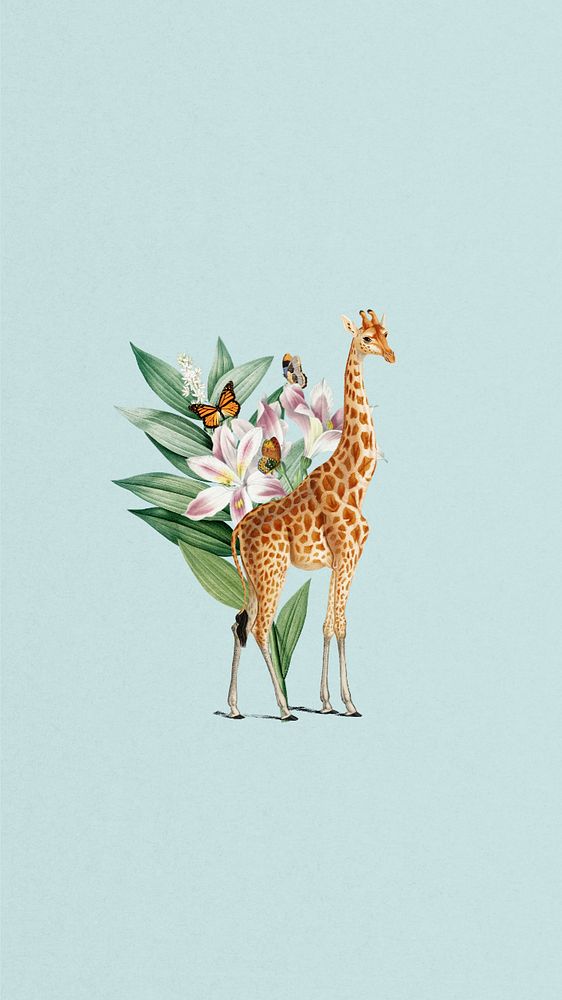 Giraffe sticker, wildlife botanical remix, editable design