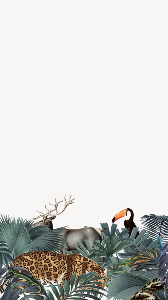 Vintage jungle animal phone wallpaper, wildlife border background, editable design