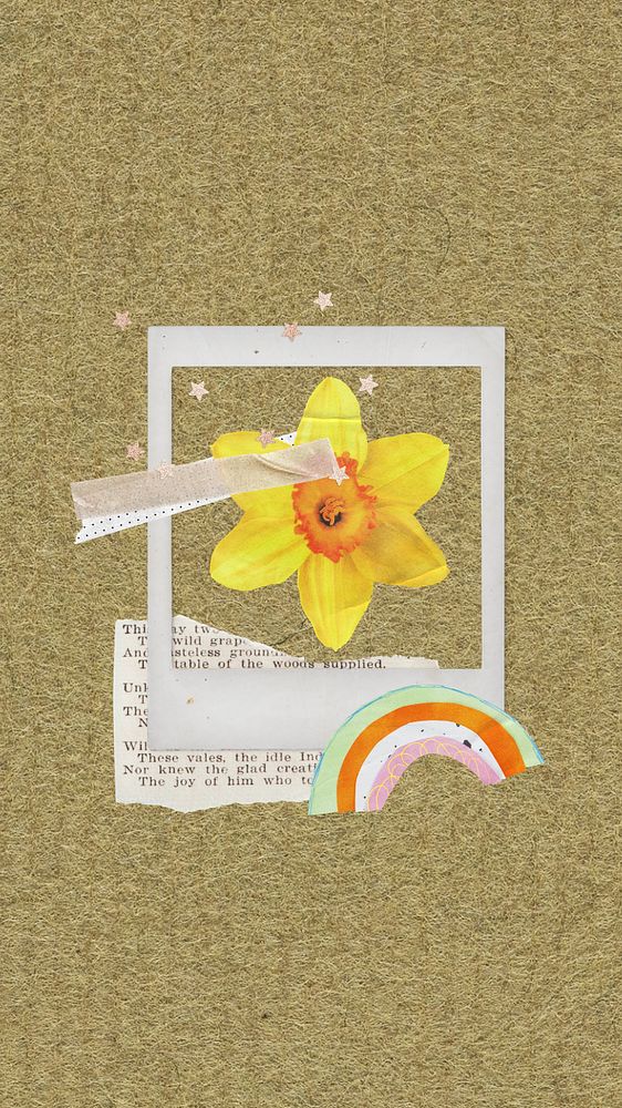 Aesthetic daffodil iPhone wallpaper, editable instant photo frame collage element remix design