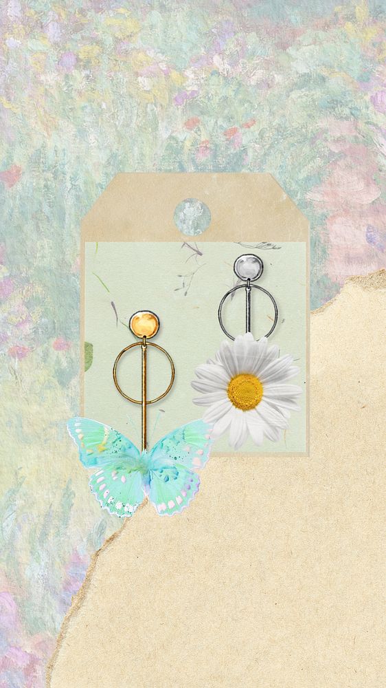 Spring fashion mobile wallpaper, editable butterfly and daisy earrings collage element remix design