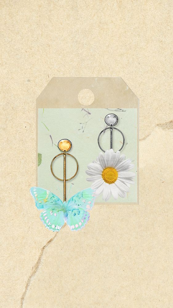 Spring fashion iPhone wallpaper, editable butterfly and daisy earrings collage element remix design