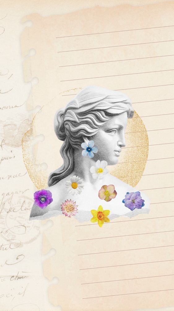 Aesthetic Greek sculpture iPhone wallpaper, editable flower collage element remix design