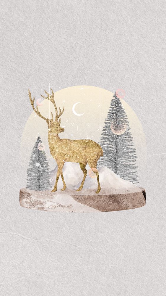 Christmas snow globe mobile wallpaper, editable gold stag collage element design