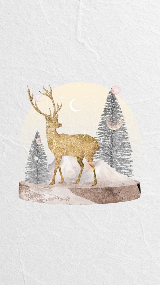 Deer snow globe mobile wallpaper, editable Christmas collage element design