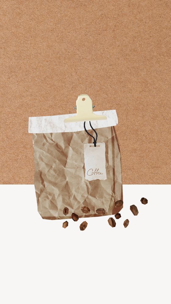 Editable coffee bean bag iPhone wallpaper, paper collage design