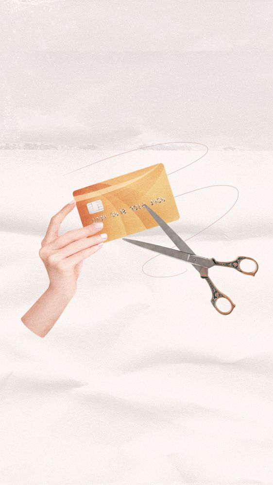 Cutting credit card iPhone wallpaper, editable finance collage design