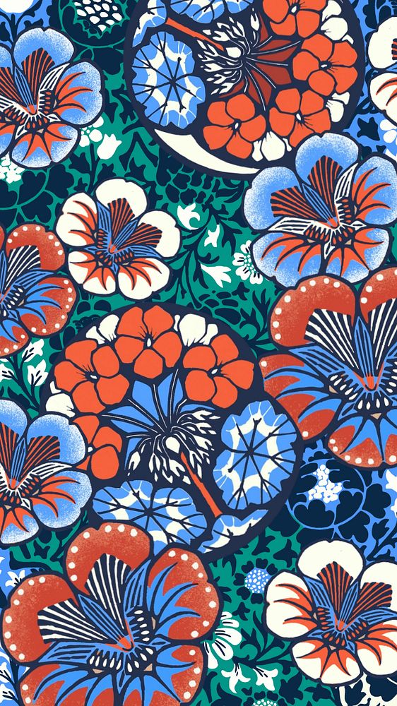 Batik flower patterned iPhone wallpaper, red and blue botanical background, editable design