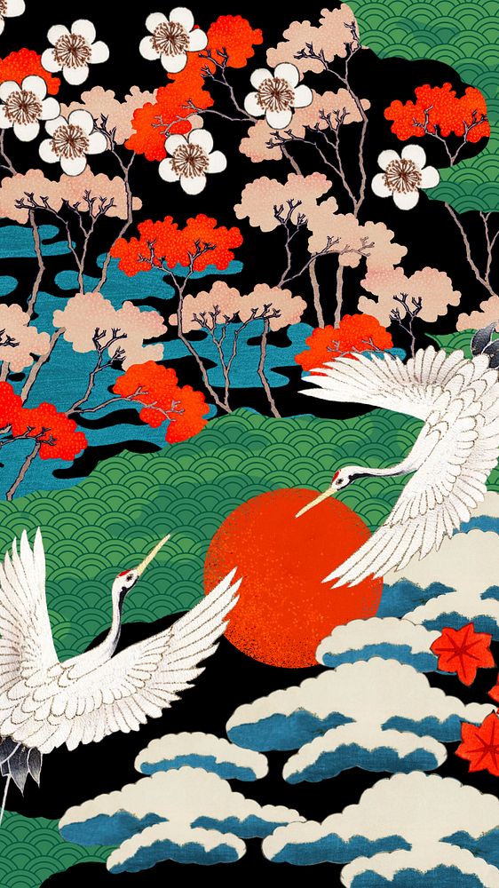 Vintage Japanese crane-patterned phone wallpaper, traditional illustration remixed from the artwork of Watanabe Seitei…