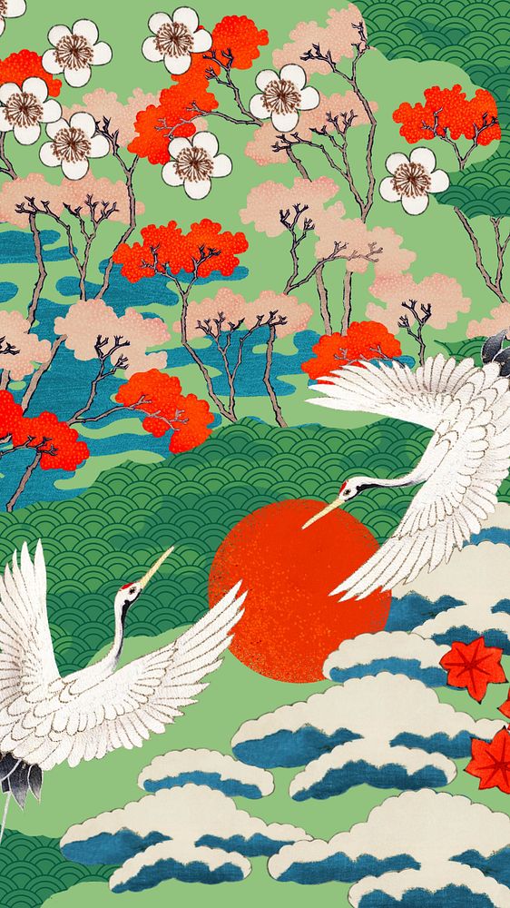 Vintage Japanese crane-patterned phone wallpaper, traditional illustration remixed from the artwork of Watanabe Seitei…