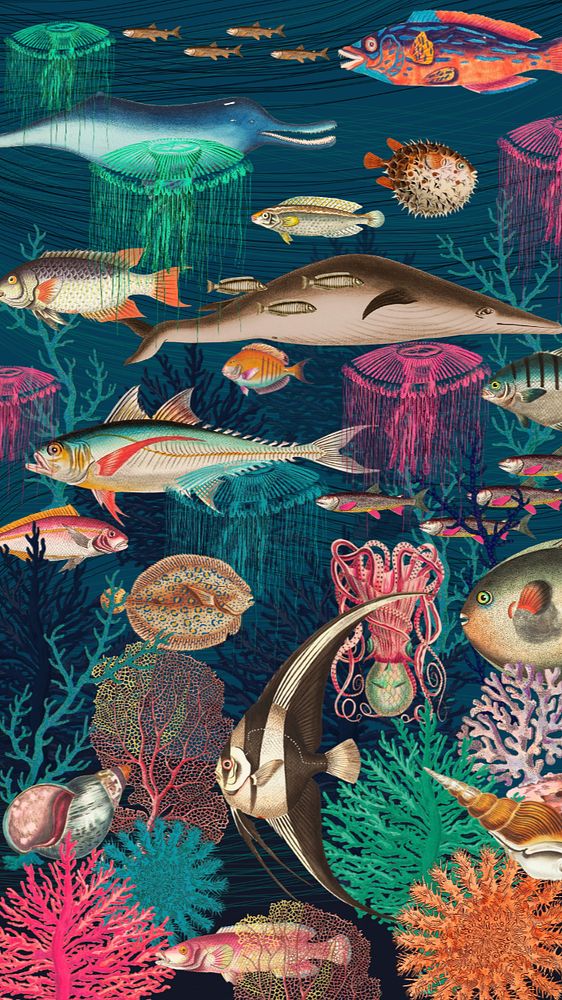 Vintage underwater patterned mobile wallpaper, marine life background, editable design