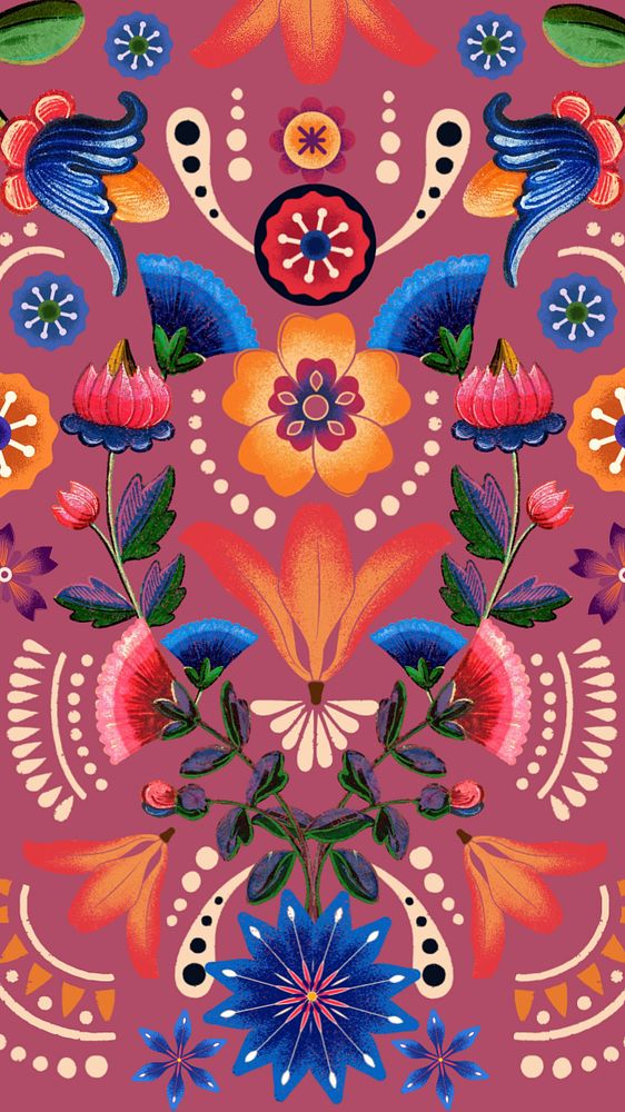 Colorful traditional flower phone wallpaper, vintage pattern background, editable design