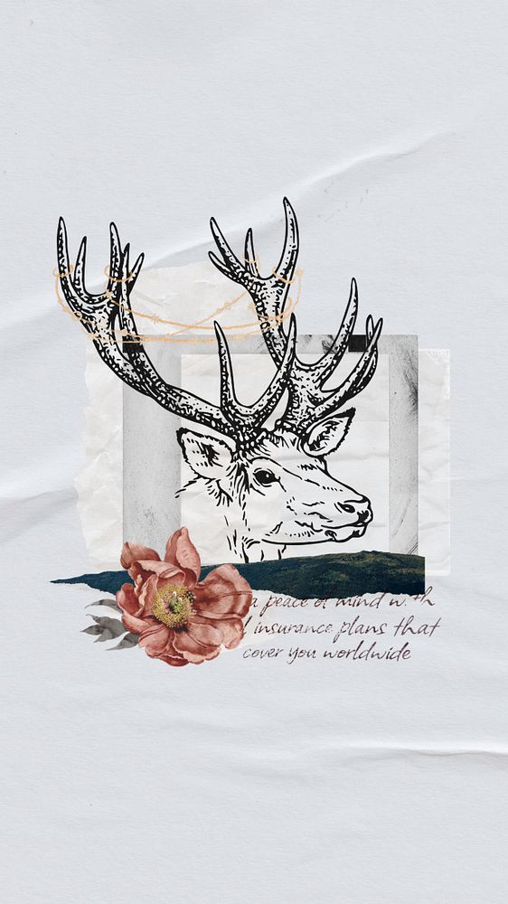 Vintage stag iPhone wallpaper, editable aesthetic flower collage design