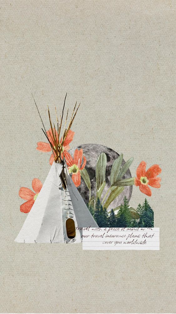 Editable camping iPhone wallpaper, Native American tent collage design