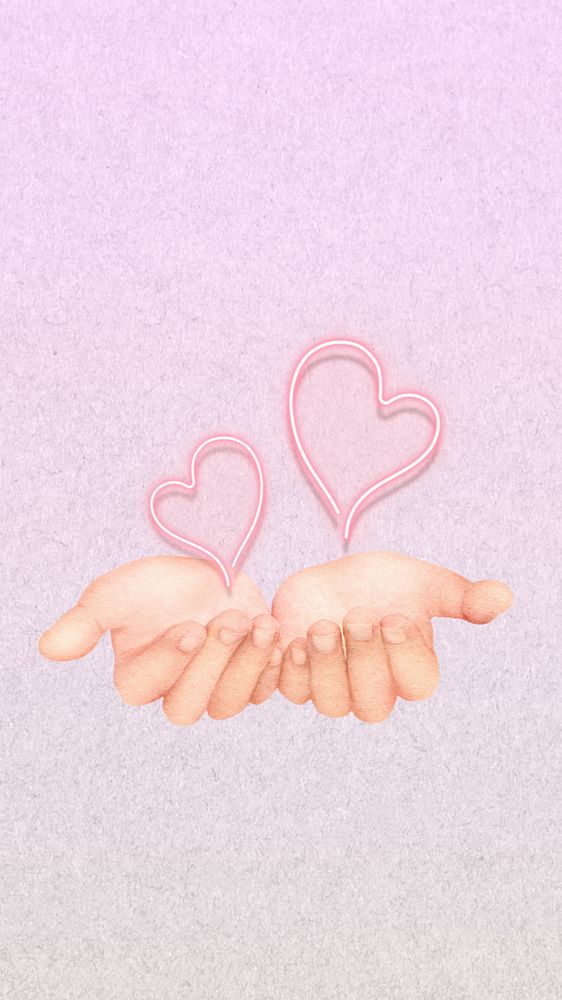 Valentine's mobile wallpaper, editable neon hearts over hands collage element remix design