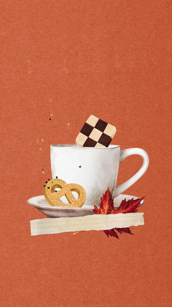 Autumn coffee mobile wallpaper, editable paper collage design