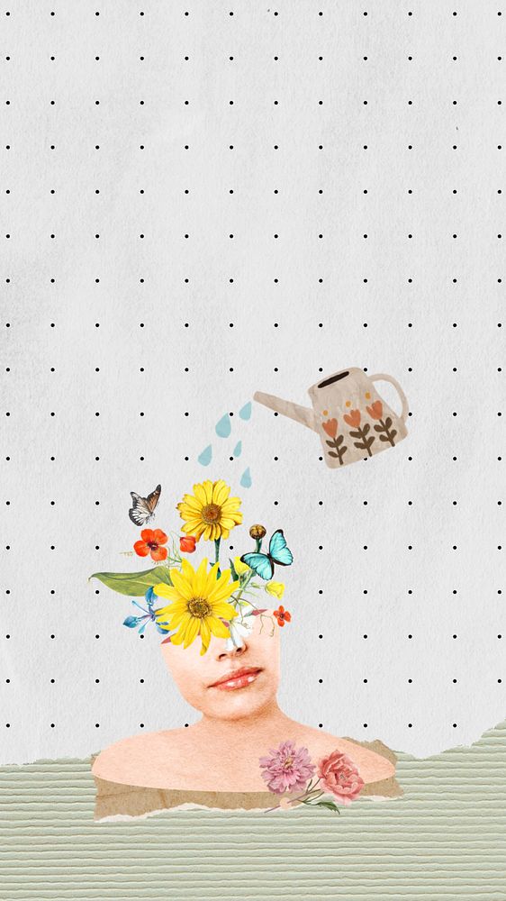 Self-growth woman phone wallpaper, editable watering mind collage design