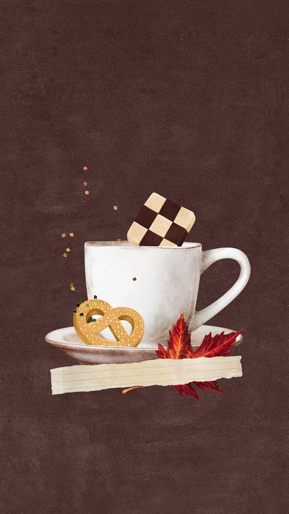 Editable Autumn coffee iPhone wallpaper, paper collage design