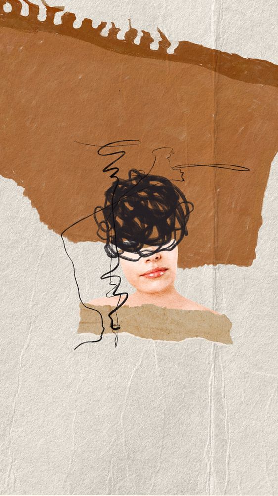 Depressed woman phone wallpaper, editable scribble head collage design