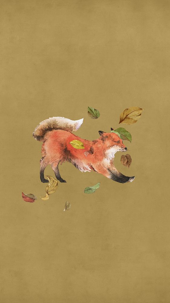 Autumn red fox mobile wallpaper, editable wild animal with falling leaves design