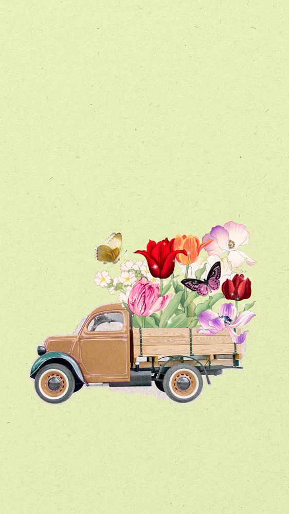 Editable Spring iPhone wallpaper, floral truck collage element remix design