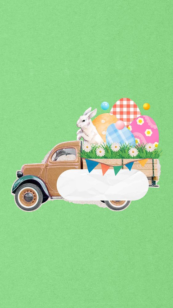 Easter mobile wallpaper, editable rabbit on truck border collage design