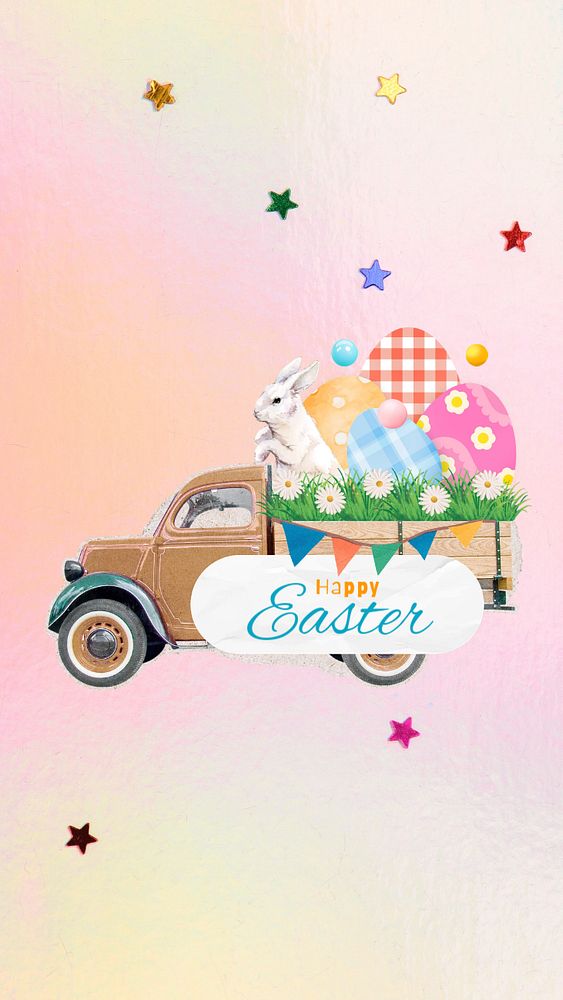 Happy Easter greeting mobile wallpaper, editable rabbit on truck design