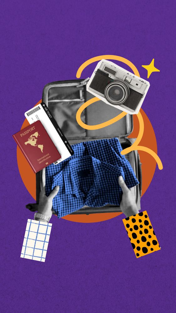 Travel luggage packing phone wallpaper, editable design