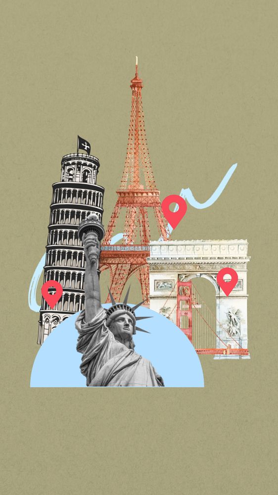 Famous landmarks collage iPhone wallpaper, editable design