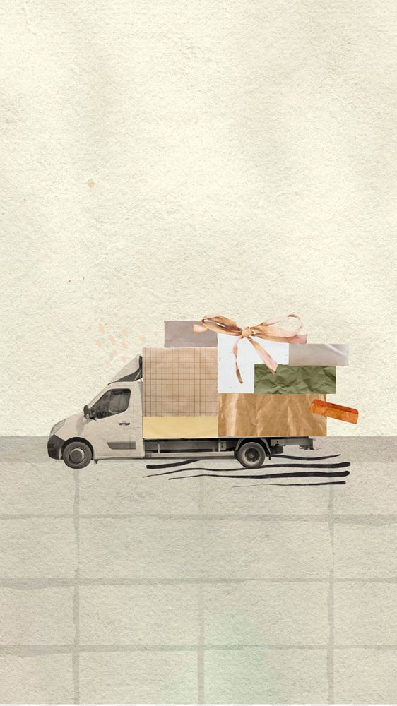 Gift delivery truck mobile wallpaper, editable paper collage design