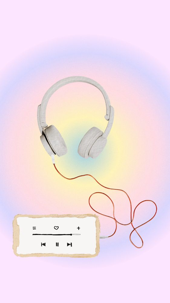 Music playlist mobile wallpaper, editable headphones collage design