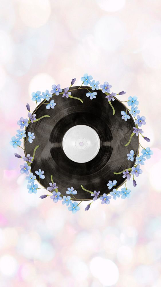 Floral vinyl record iPhone wallpaper, editable music aesthetic collage element design