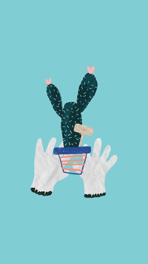 Editable potted cactus mobile wallpaper, gardening hobby collage art design