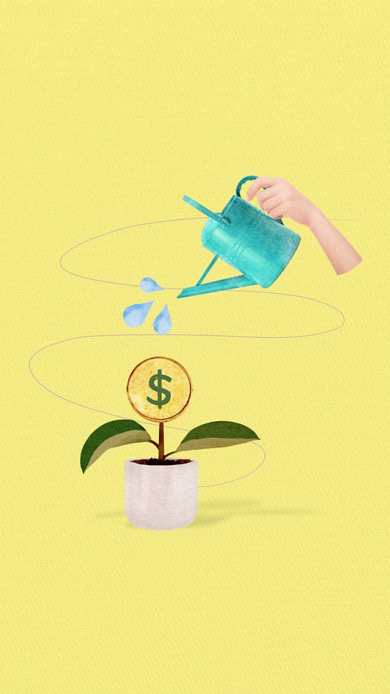 Watering plant money mobile wallpaper, editable finance collage design