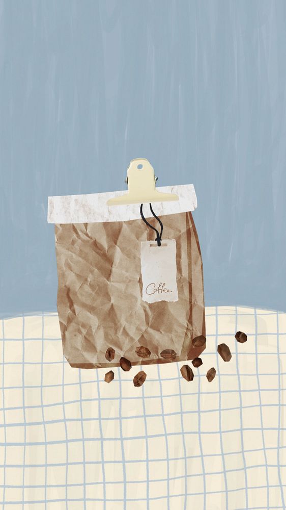 Coffee bean bag mobile wallpaper, editable paper collage design