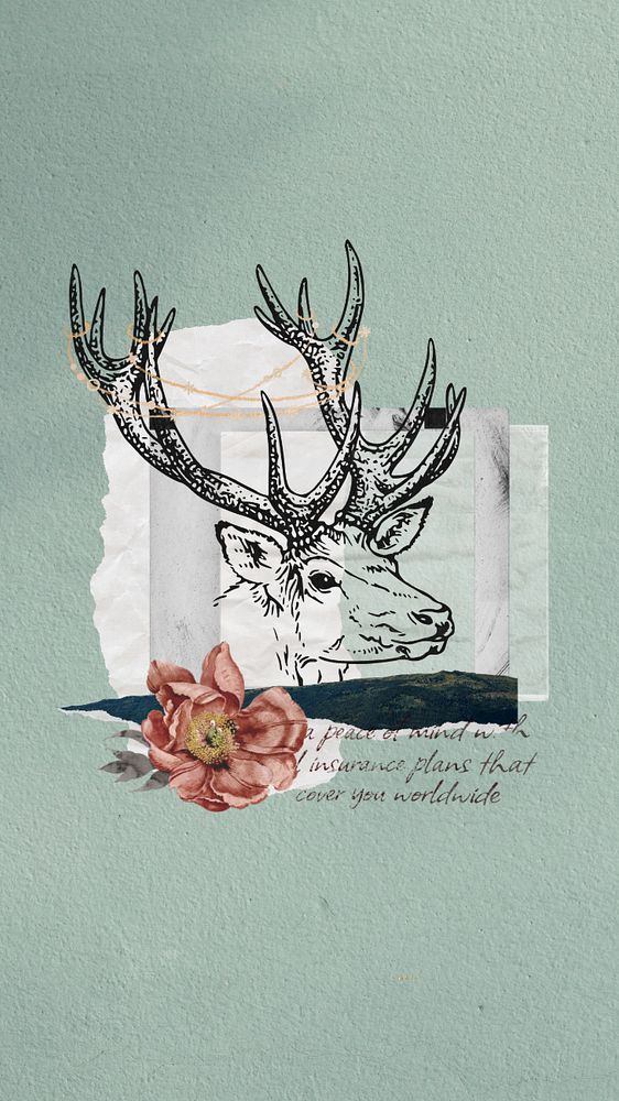 Vintage stag mobile wallpaper, editable aesthetic flower collage design