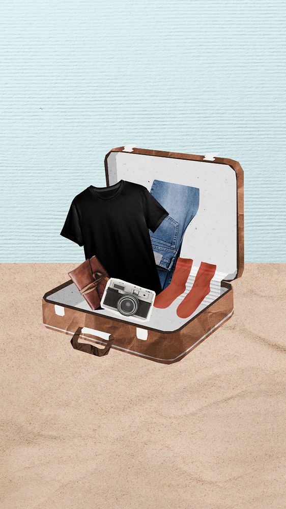 Travel mobile wallpaper, editable packing briefcase collage design