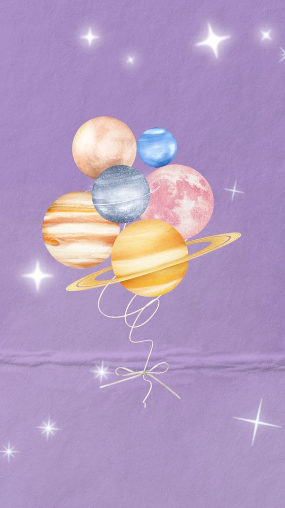 Editable planet balloons mobile wallpaper, purple sparkly design