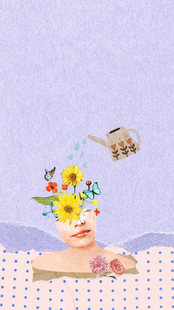 Editable self-growth woman iPhone wallpaper, can watering mind collage design