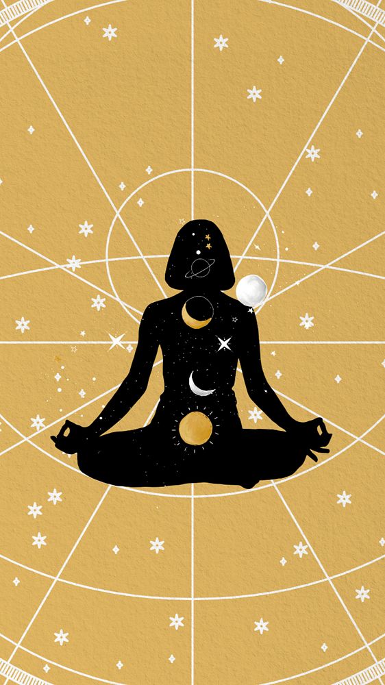 Celestial mobile wallpaper, editable silhouette meditation pose design