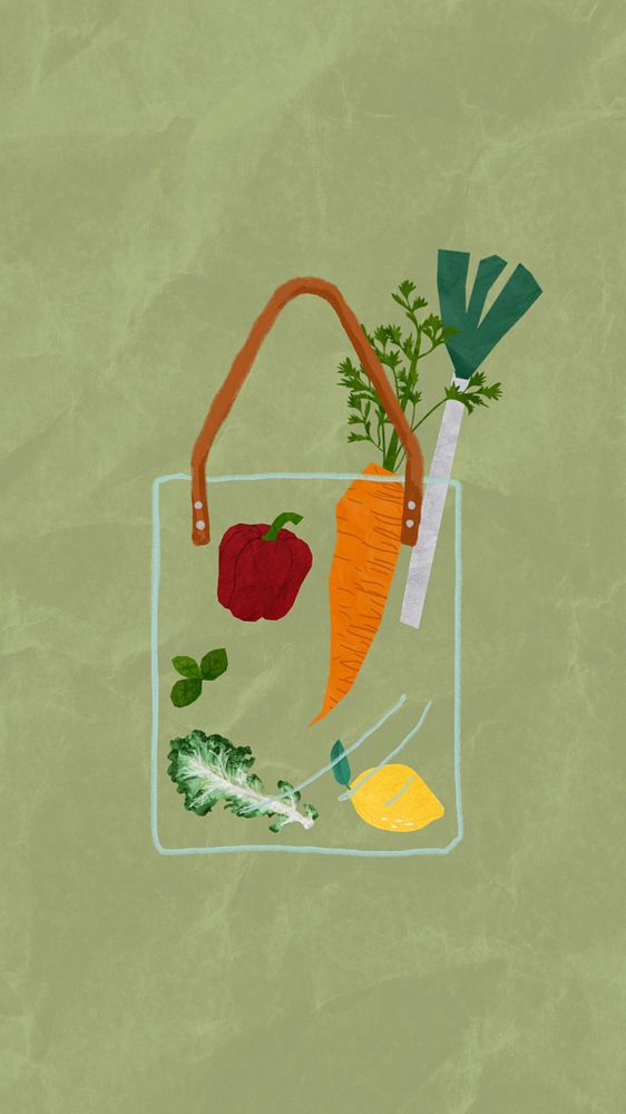 Editable healthy lifestyle mobile wallpaper, vegetables in shopping bag collage design